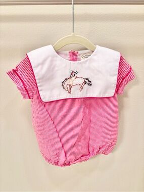 Red Gingham Baby Romper with Embroidered Pony